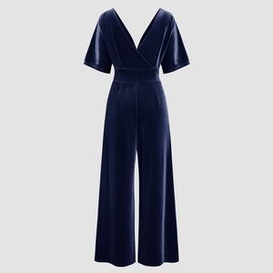 Blue Velvet V-neck, solid ruffle jumpsuit